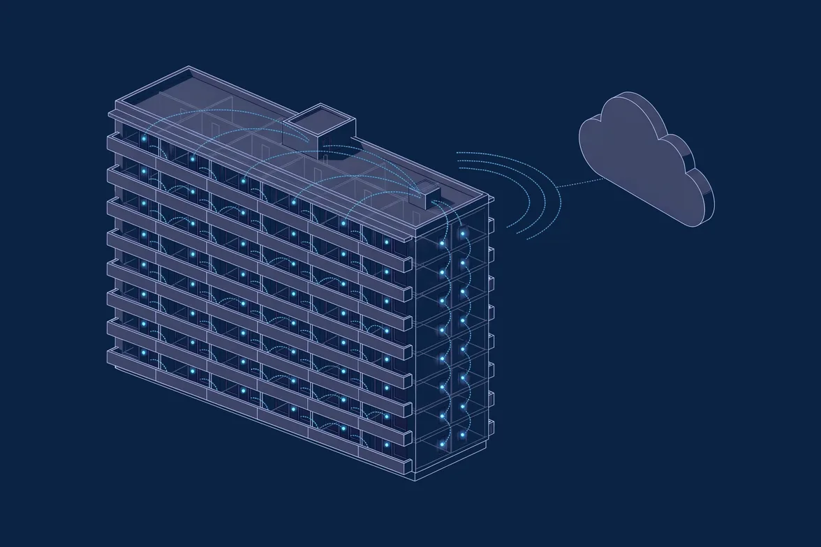 Isometric illustration of an apartment-style slab building with glowing nodes in window bays, dotted arcs across the facade and roof, and signal arcs to a cloud.