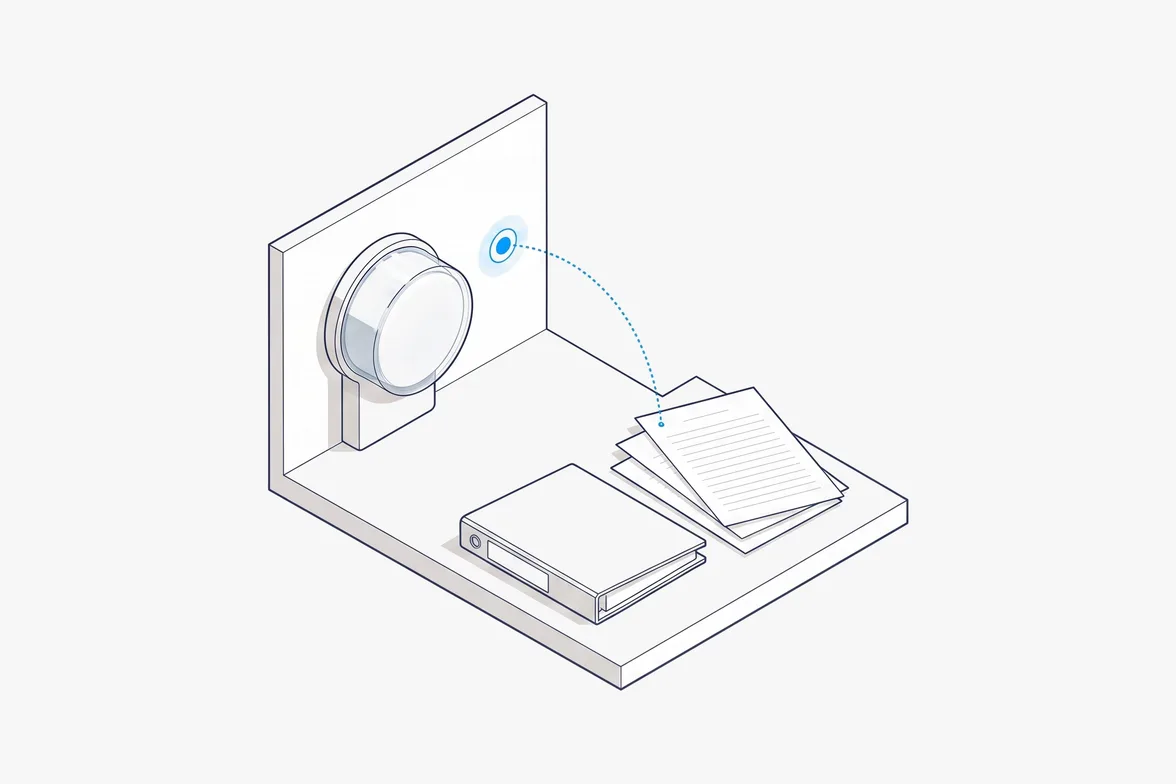 Isometric illustration of a corner slab with a wall-mounted meter and glowing dot, linked by a dotted arc to a stack of printed pages and a binder.